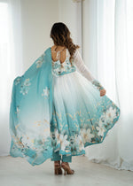 Thumbnail for Evanik Aqua Blue Soft Organza Silk With Floral Print Fully Flared Anarkali Pant With Dupatta Set