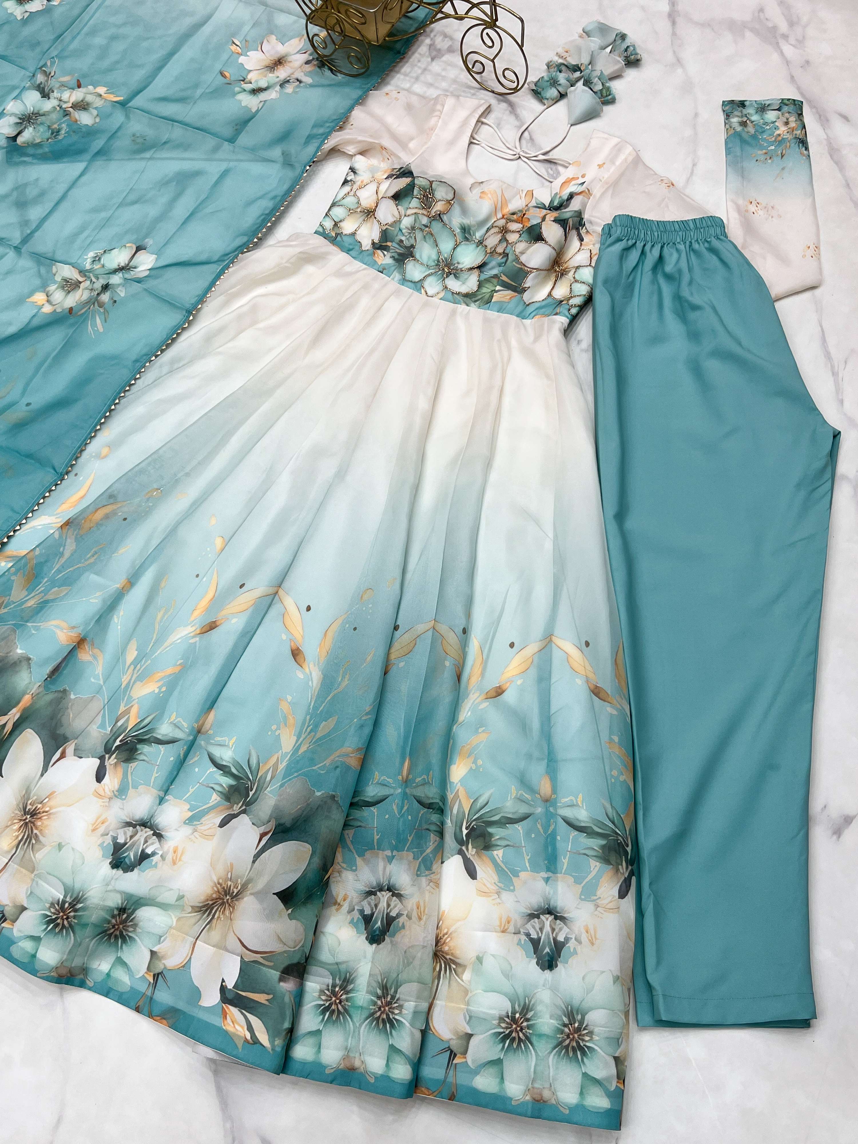 Evanik Aqua Blue Soft Organza Silk With Floral Print Fully Flared Anarkali Pant With Dupatta Set