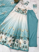 Thumbnail for Evanik Aqua Blue Soft Organza Silk With Floral Print Fully Flared Anarkali Pant With Dupatta Set