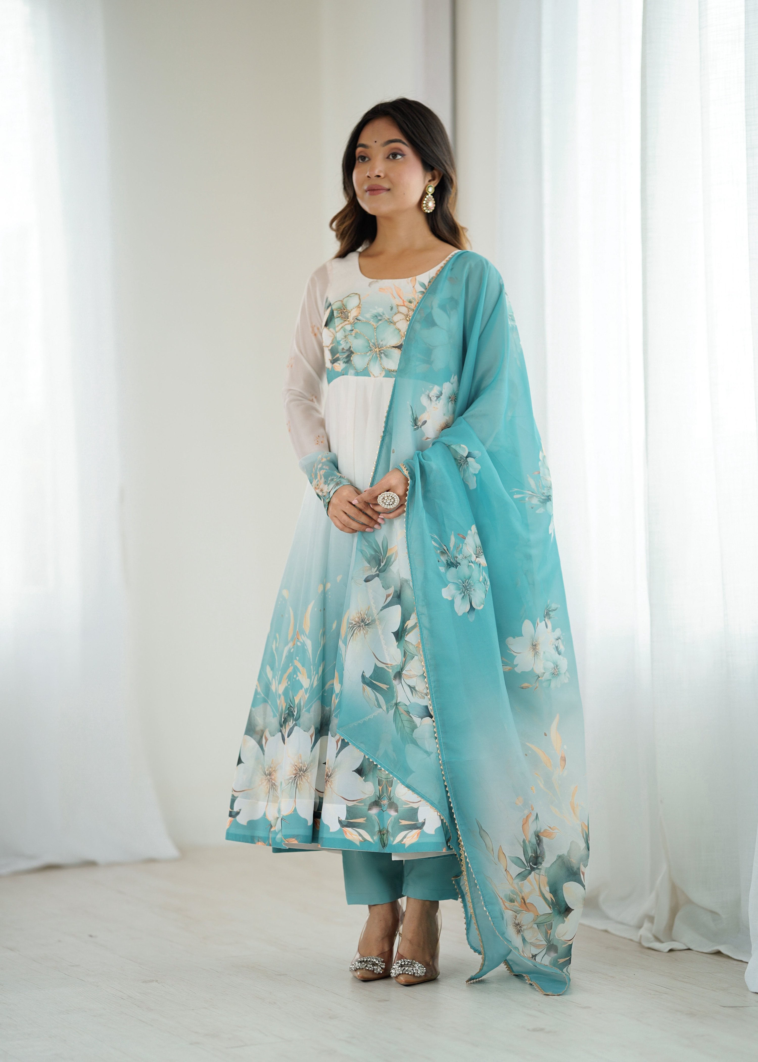 Evanik Aqua Blue Soft Organza Silk With Floral Print Fully Flared Anarkali Pant With Dupatta Set