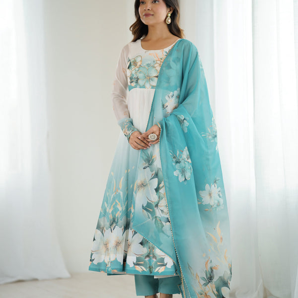 Evanik Aqua Blue Soft Organza Silk With Floral Print Fully Flared Anarkali Pant With Dupatta Set
