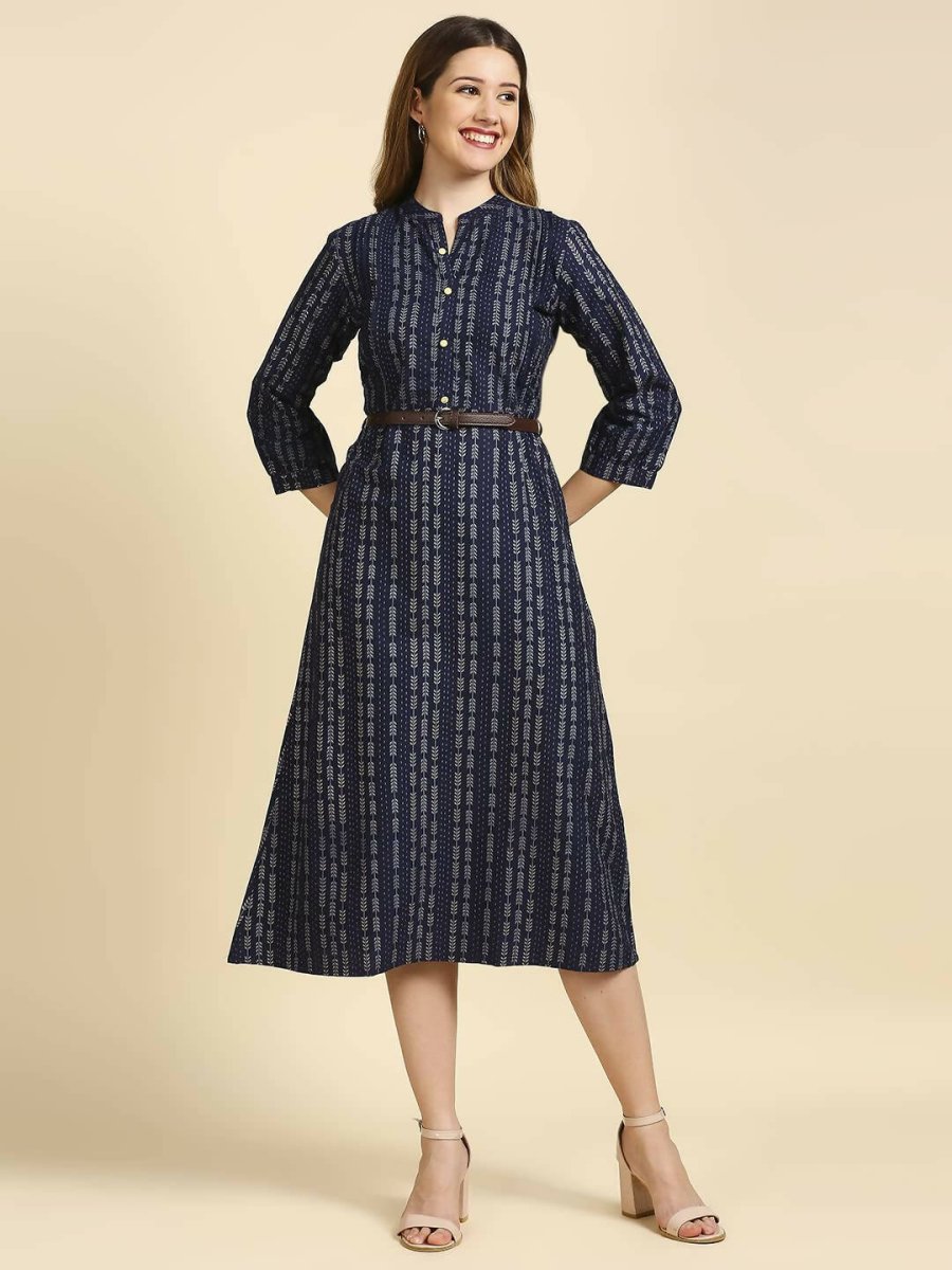 Anubhutee Women's Cotton A-Line Midi Casual Navy Blue Dress - Distacart