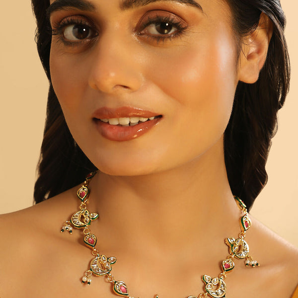 Nuyug 22K Gold Plated Regal Enamel Bloom Pearl Drop Necklace