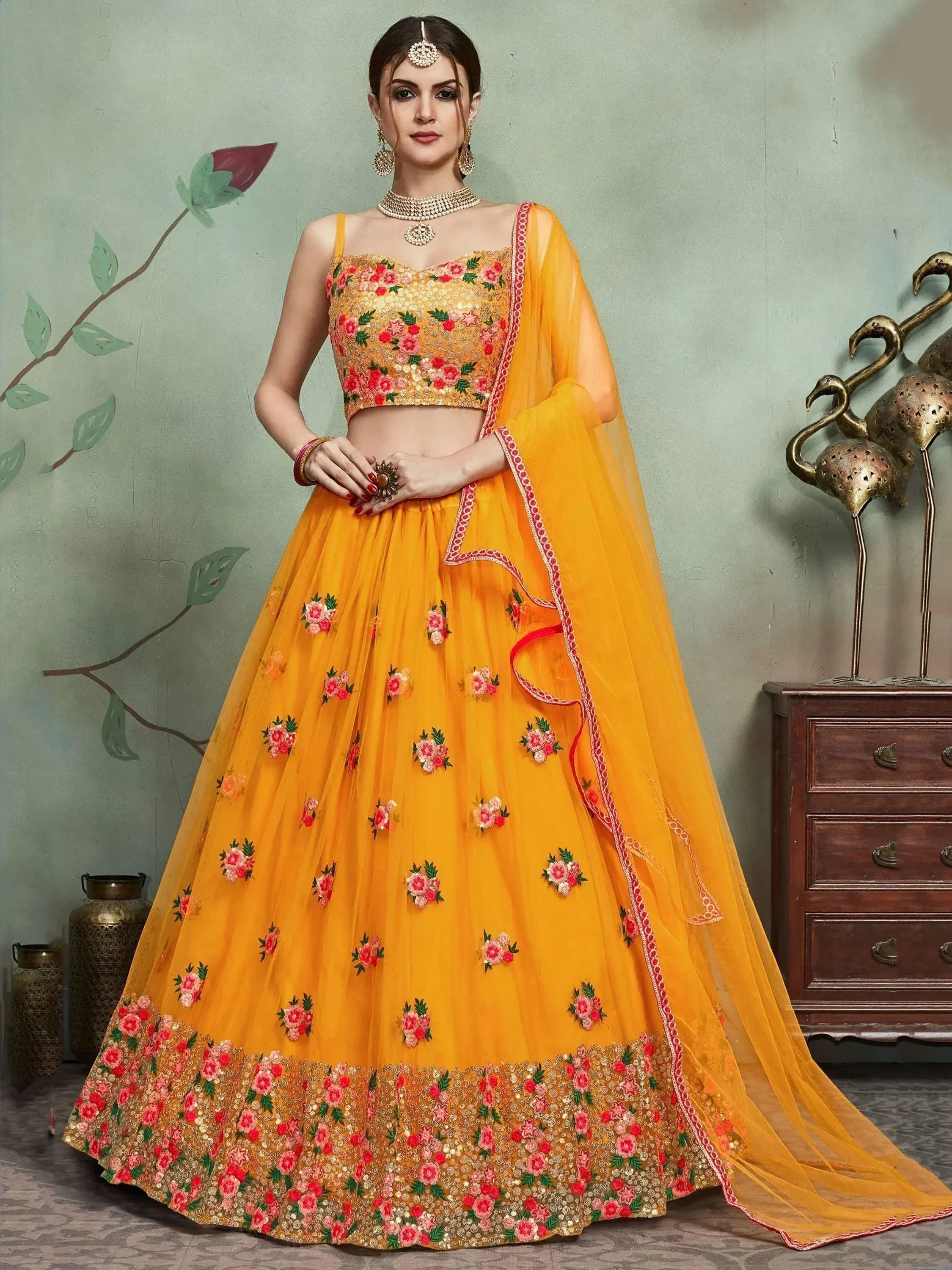 Tulsi Art Mustard Yellow Sequins Net Bridal Lehenga Choli - Dista
