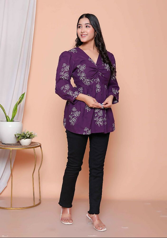 Miravan Womens Cotton Butterfly Style Floral Print V-Neck Top - Distacart