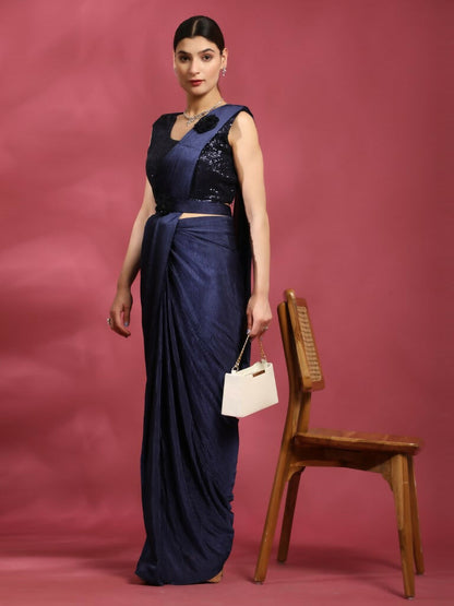 Blue Imported Crush Lycra Texture Pattern Ready to Wear Saree with stitched Blouse - Nirvana - Distacart