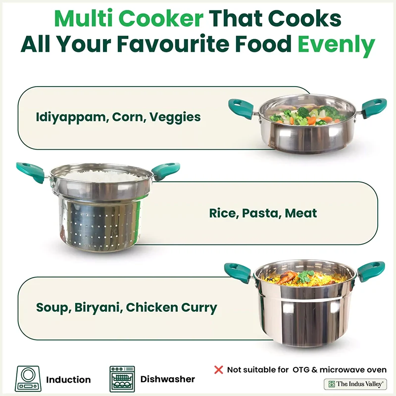 The Indus Valley Tri-steel Multi Cooker Pot Premium Stainless Steel Momo Maker/ Idiyappam/ Biryani/  Veg Steaming Set, 3 Pots, 21cm