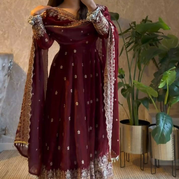 Teeya Creation Maroon Fendi Silk Designer Heavy Work Wedding Wear Long Gown - Distacart
