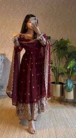 Thumbnail for Teeya Creation Maroon Fendi Silk Designer Heavy Work Wedding Wear Long Gown - Distacart