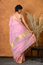 Thumbnail for Very Much Indian Handloom Pure Cotton Linen Saree With Golden Border - Pink - Distacart
