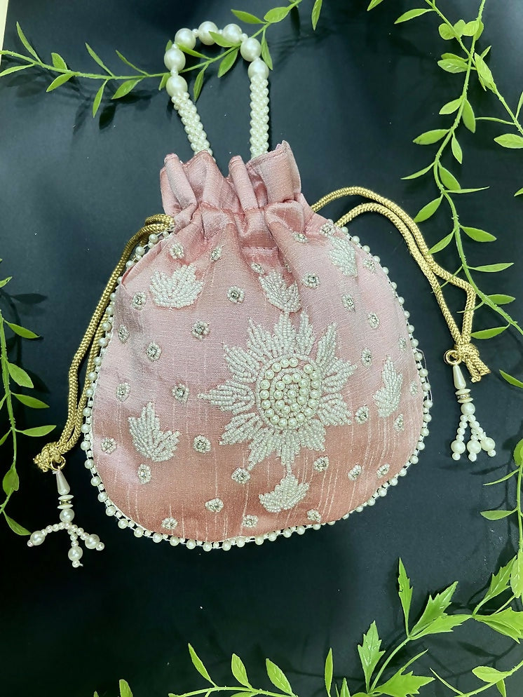 Joban Fashion Pearl Hand Work Potli Bag - Baby Pink