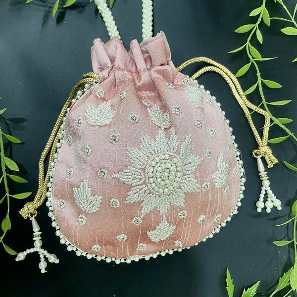 Joban Fashion Pearl Hand Work Potli Bag - Baby Pink