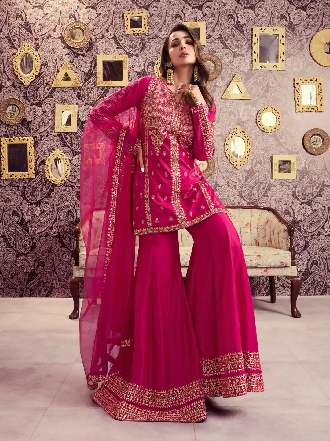 The52 Women's Beautiful Embroidery Work Chanderi Silk Fabric Straight Kurta Palazzo and Dupatta Set-Rani