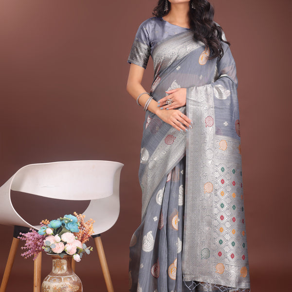 Anaita Grey Linen Cotton With Jacquard Work And Zari Weaving Saree With Blouse - Distacart