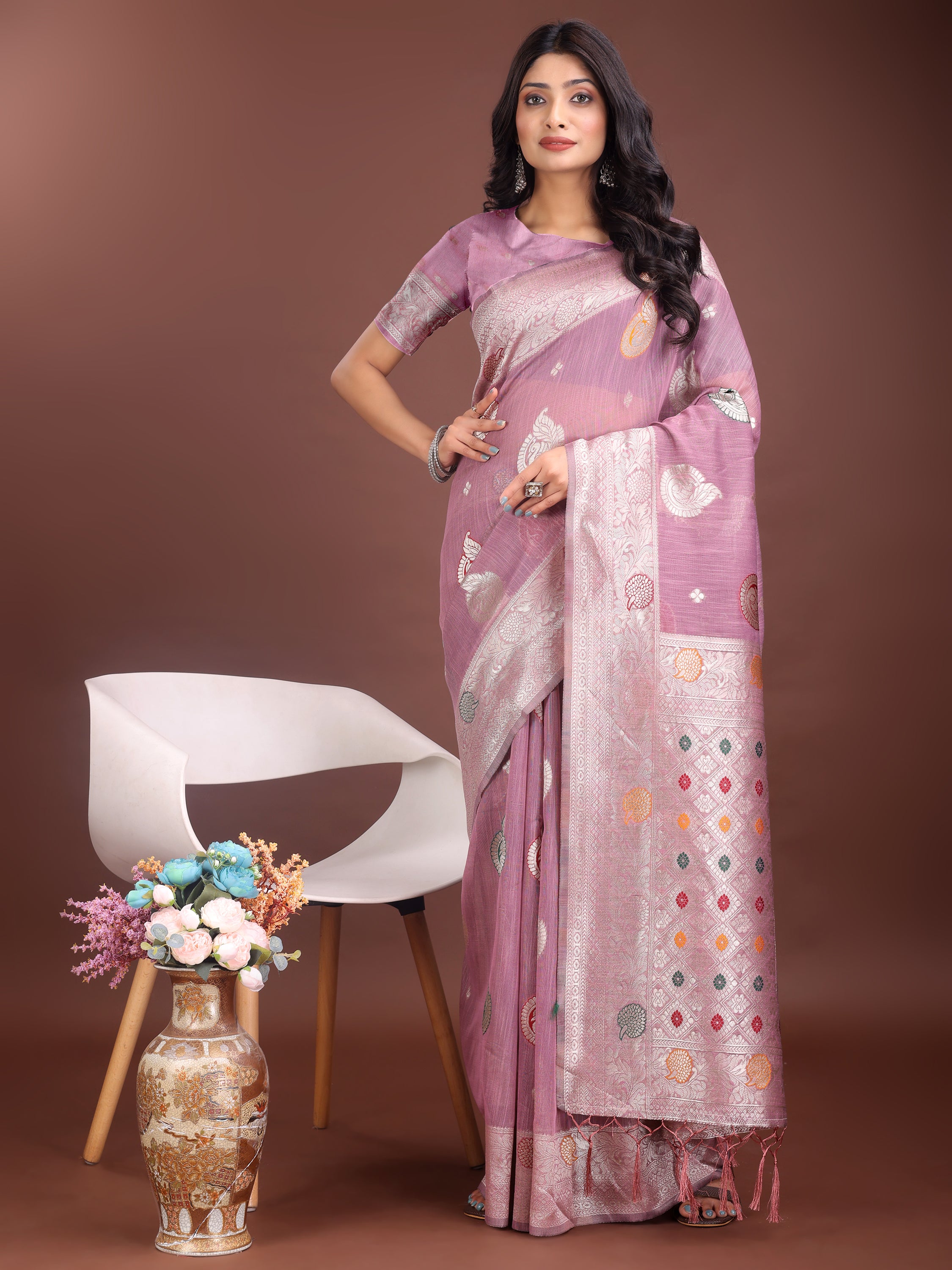Anaita Purple Linen Cotton With Jacquard Work And Zari Weaving Saree With Blouse - Distacart
