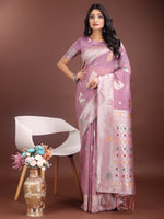 Thumbnail for Anaita Purple Linen Cotton With Jacquard Work And Zari Weaving Saree With Blouse - Distacart