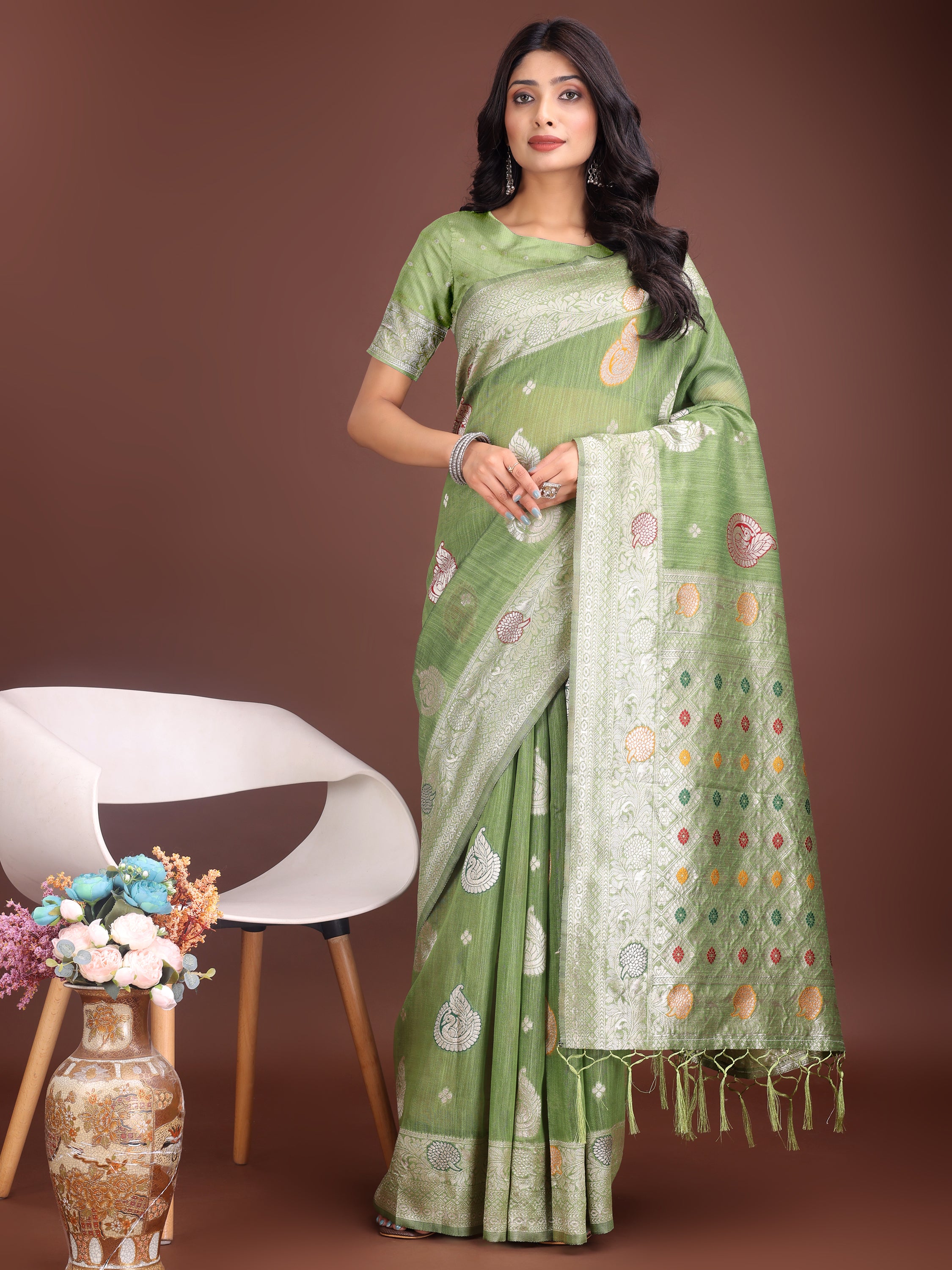 Anaita Light Green Linen Cotton With Jacquard Work And Zari Weaving Saree With Blouse - Distacart
