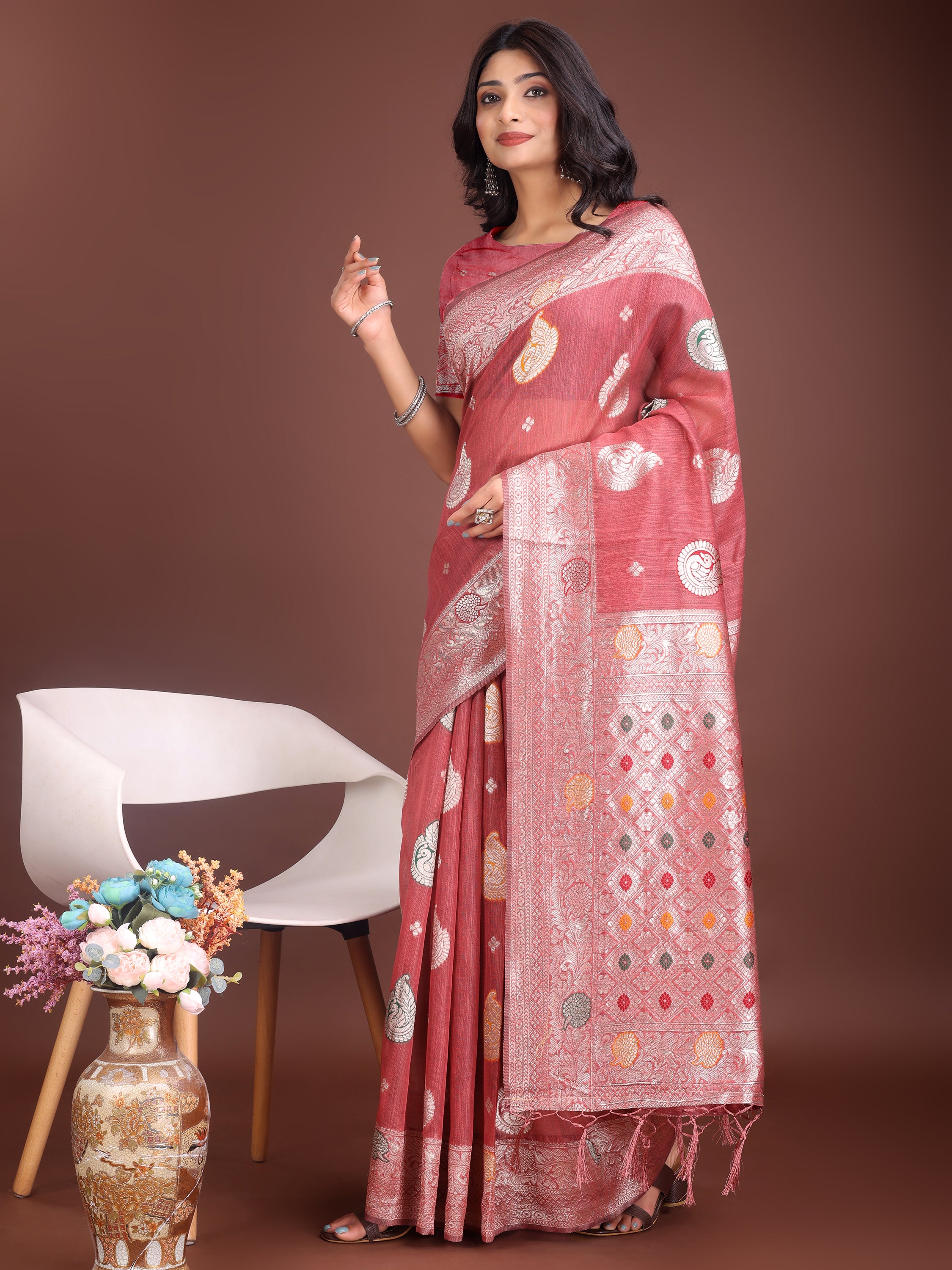 Anaita Pink Linen Cotton With Jacquard Work And Zari Weaving Saree With Blouse - Distacart