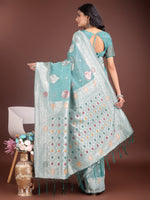 Thumbnail for Anaita Sea Green Linen Cotton With Jacquard Work And Zari Weaving Saree With Blouse - Distacart