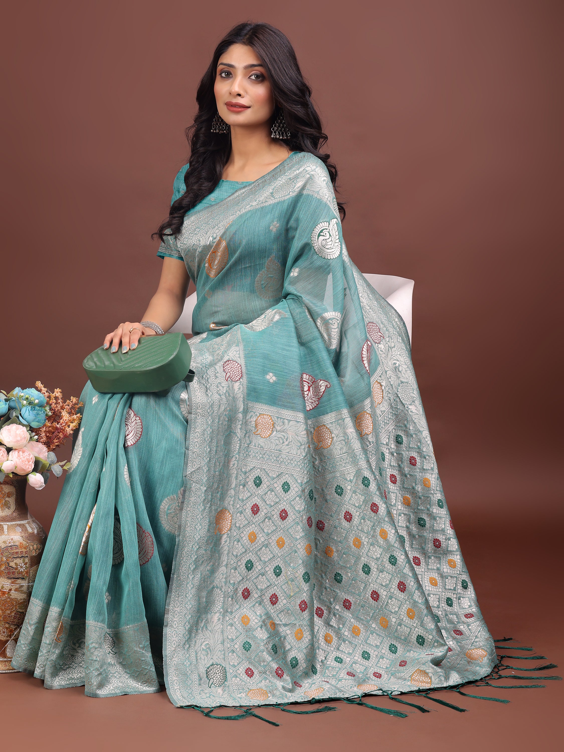 Anaita Sea Green Linen Cotton With Jacquard Work And Zari Weaving Saree With Blouse - Distacart