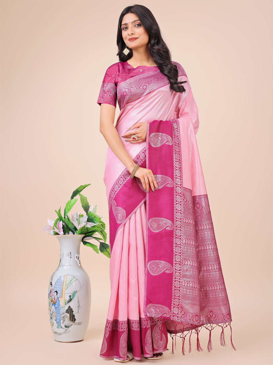 Aanika Women Light Pink Linen Cotton Saree With UnStiched Blouse - Distacart