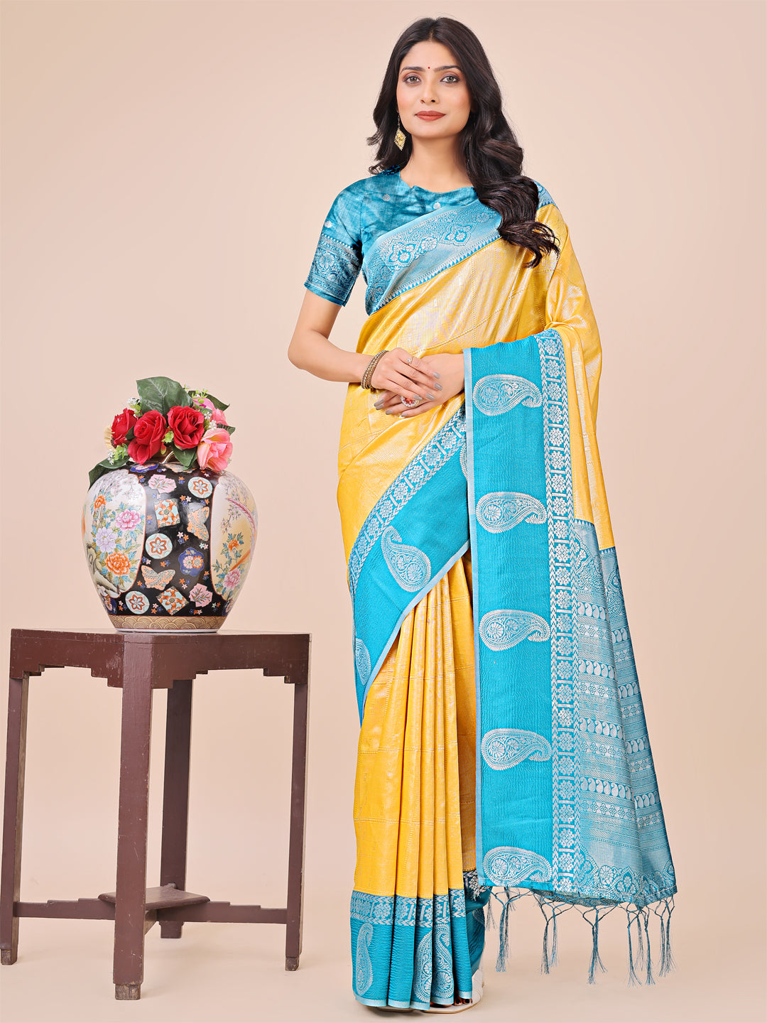 Aanika Women Yellow Linen Cotton Saree With UnStiched Blouse - Distacart