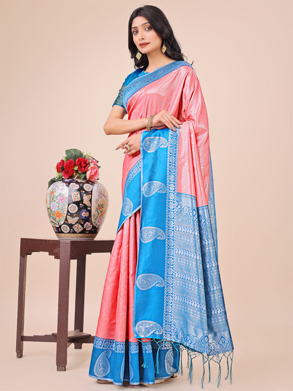 Aanika Women Peach Linen Cotton Saree With UnStiched Blouse - Distacart