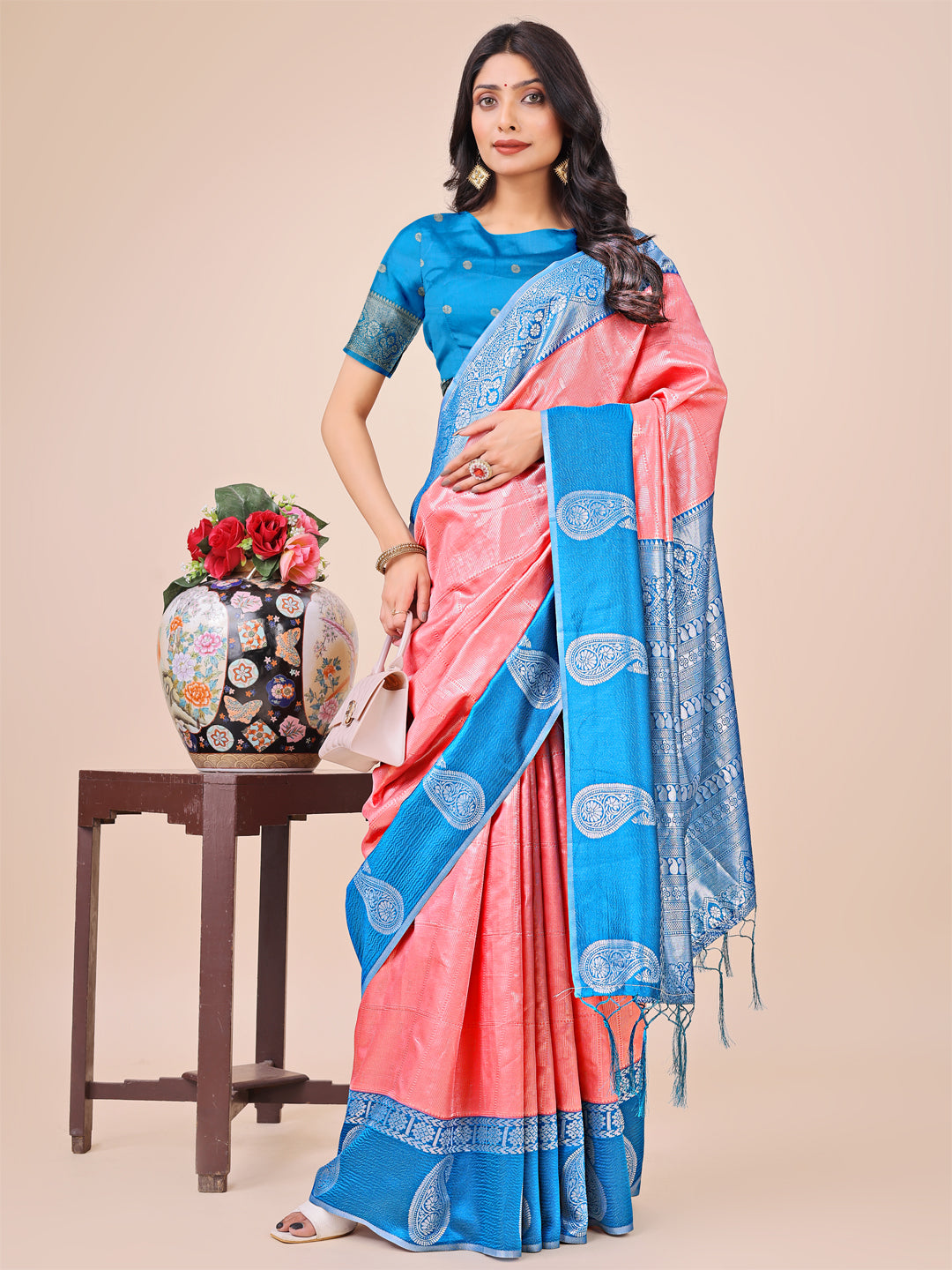 Aanika Women Peach Linen Cotton Saree With UnStiched Blouse - Distacart