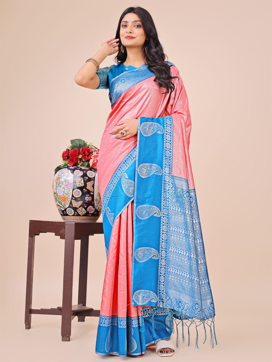 Aanika Women Peach Linen Cotton Saree With UnStiched Blouse - Distacart