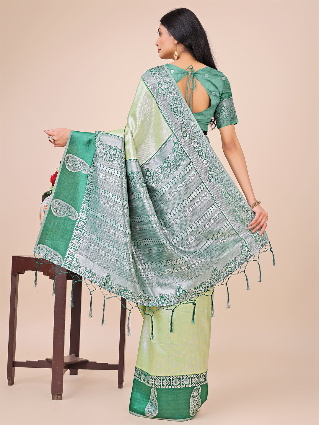 Aanika Women Light Green Linen Cotton Saree With UnStiched Blouse - Distacart