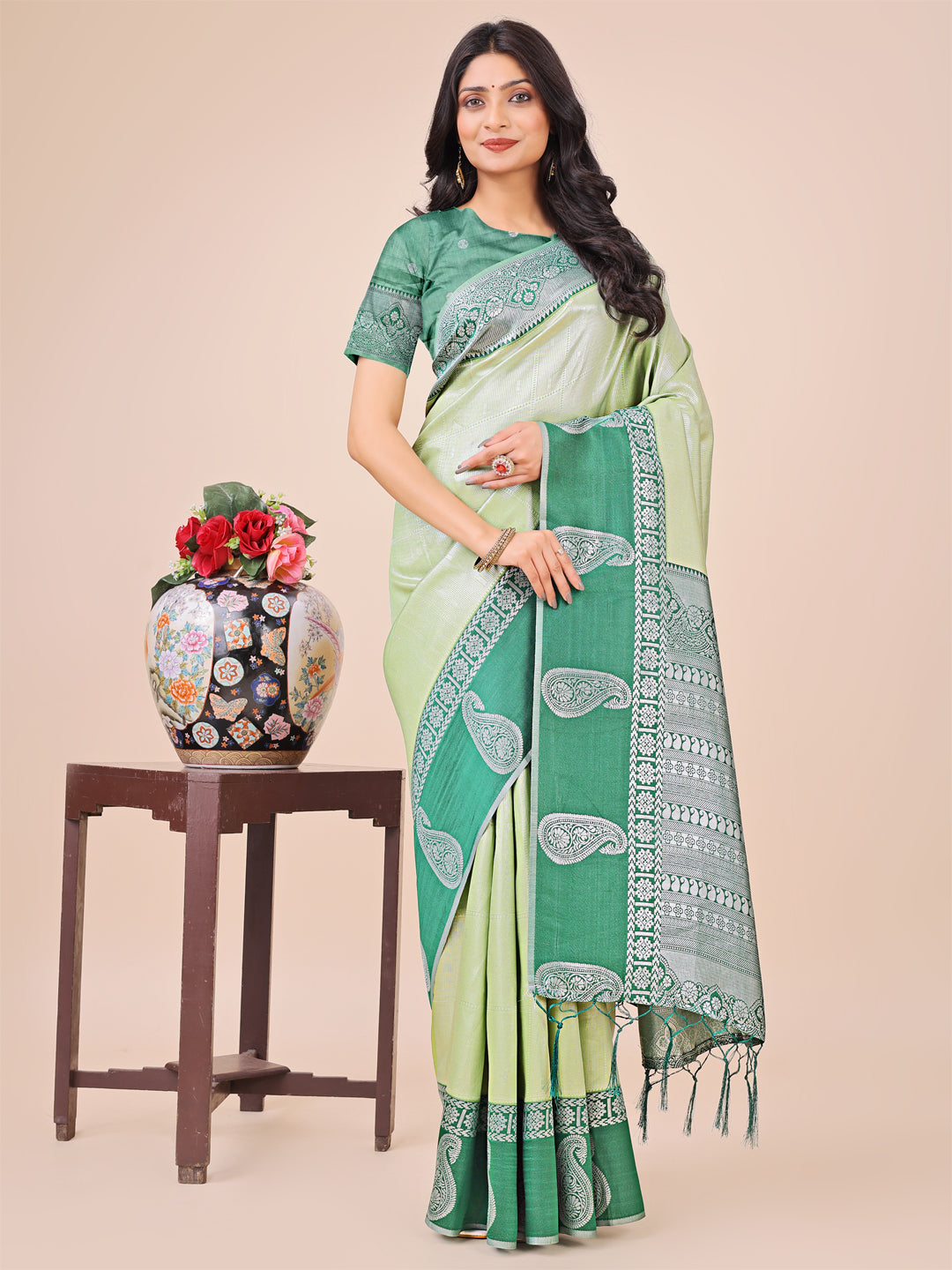 Aanika Women Light Green Linen Cotton Saree With UnStiched Blouse - Distacart
