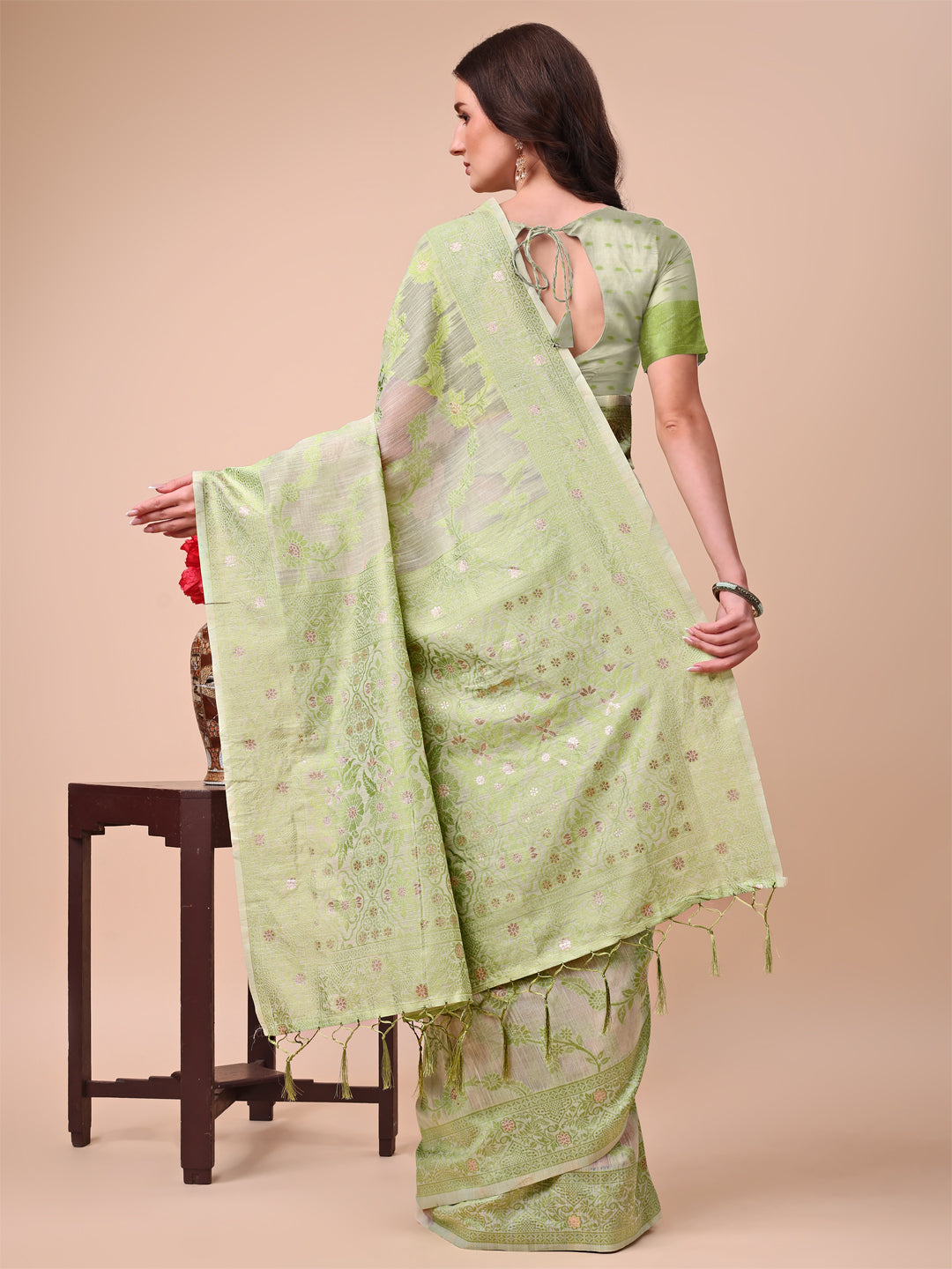 Aanika Women Light Green Cotton Saree With UnStiched Blouse - Distacart