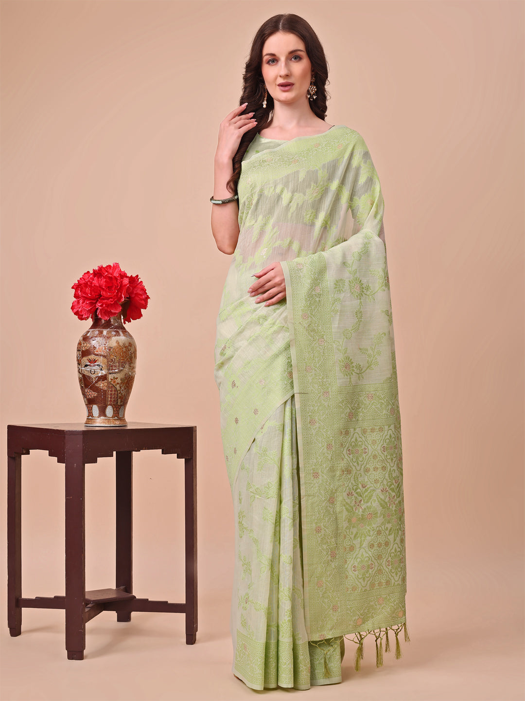 Aanika Women Light Green Cotton Saree With UnStiched Blouse - Distacart