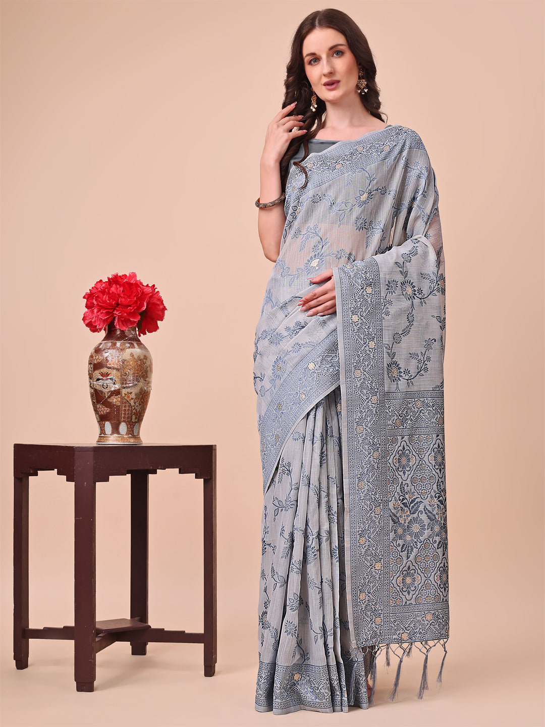 Aanika Women Grey Cotton Saree With UnStiched Blouse - Distacart