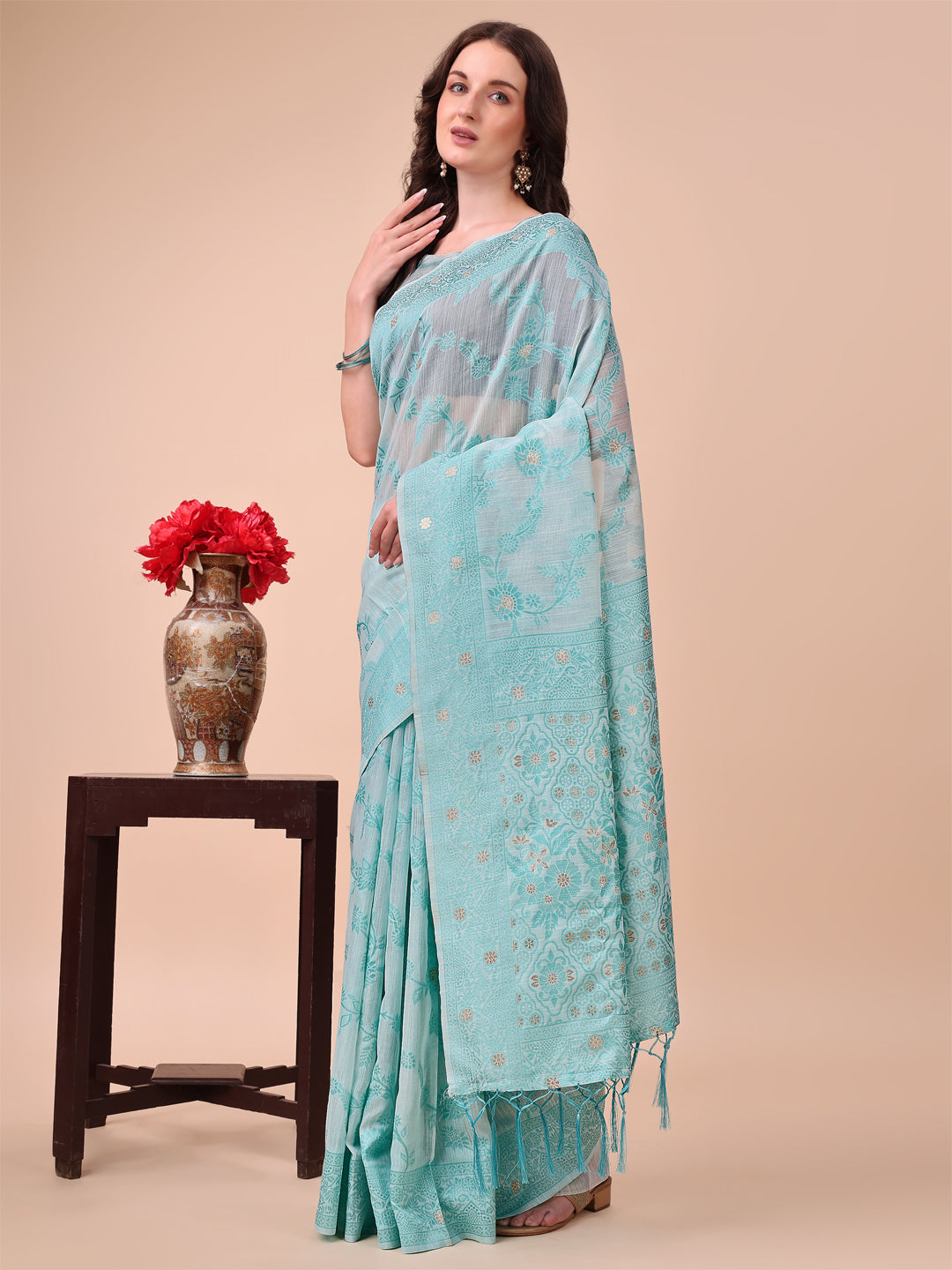 Aanika Women Sky Blue Cotton Saree With UnStiched Blouse - Distacart