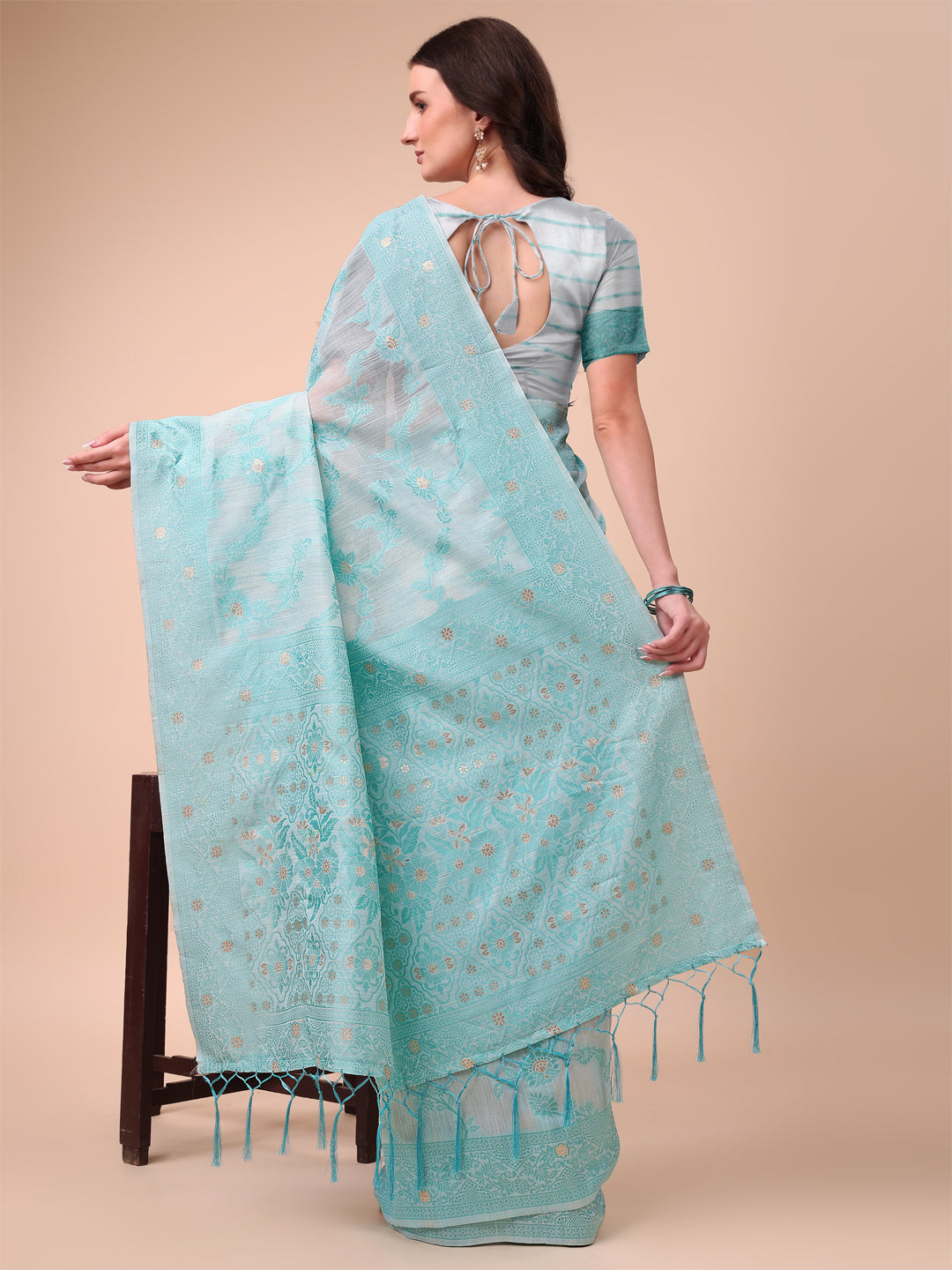 Aanika Women Sky Blue Cotton Saree With UnStiched Blouse - Distacart