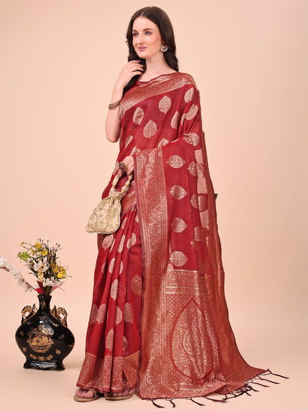 Aanika Women Maroon Cotton Saree With UnStiched Blouse - Distacart