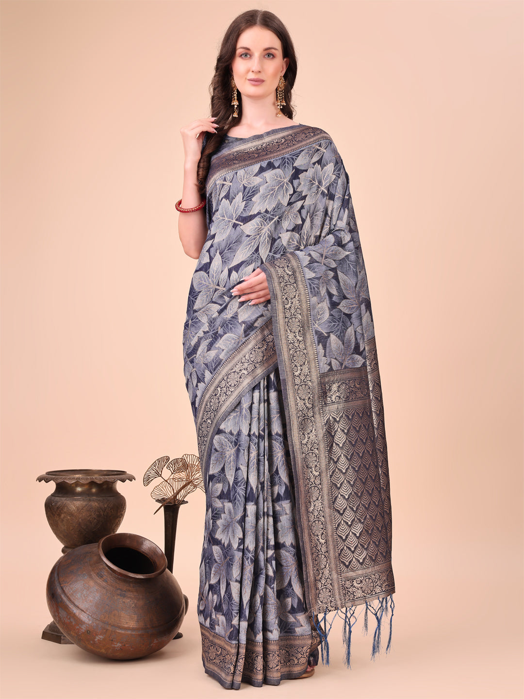 Aanika Women Navy Blue Cotton Saree With UnStiched Blouse - Distacart