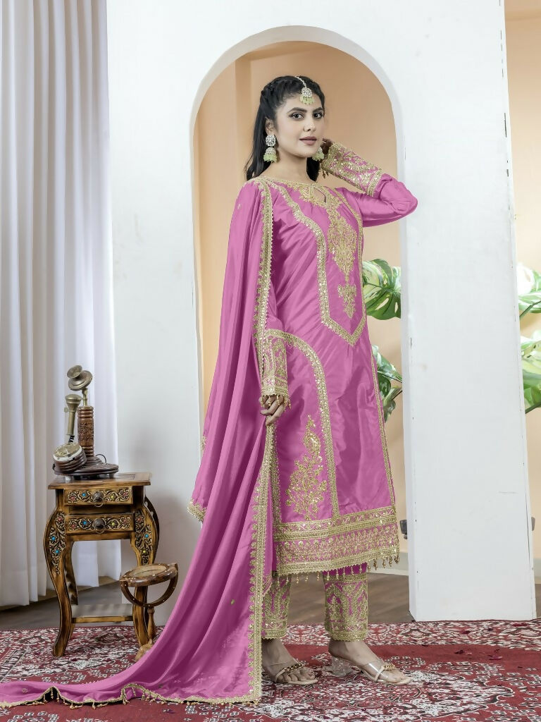 Teeya Creation Baby Pink Color Chinnon Silk Embroidery Work Fully Stitched Salwar Suit