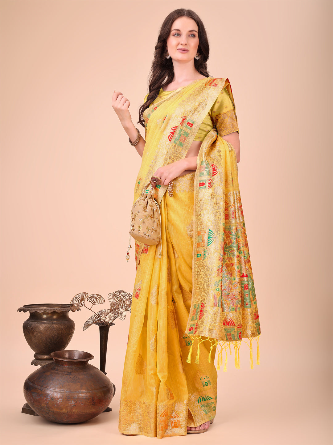Aanika Women Yellow Linen Cotton Saree With UnStiched Blouse - Distacart