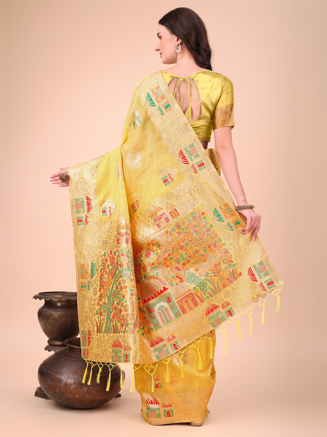 Aanika Women Yellow Linen Cotton Saree With UnStiched Blouse - Distacart