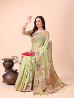 Thumbnail for Aanika Women Light Green Linen Cotton Saree With UnStiched Blouse - Distacart