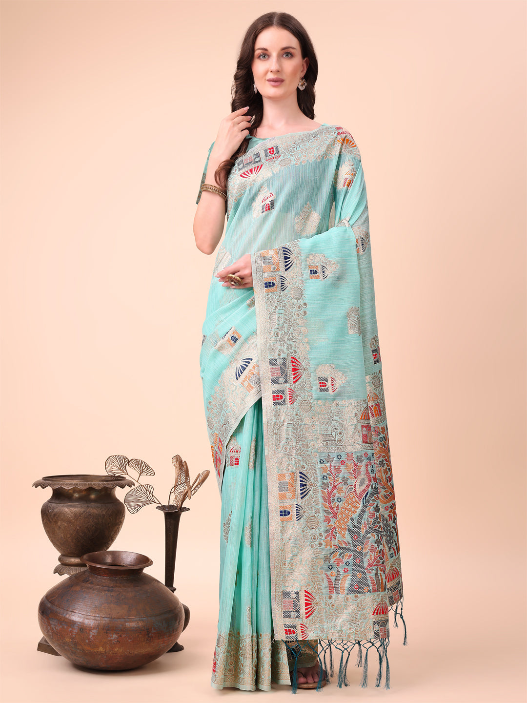 Anaita Sky Blue Linen Cotton With Jacquard Work And Zari Weaving Saree With Blouse - Distacart