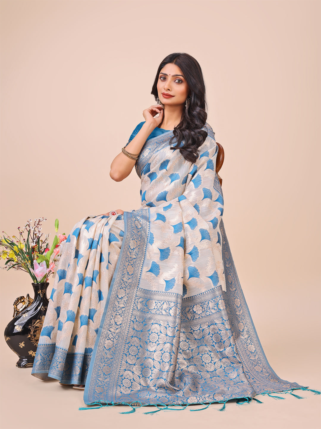Aanika Women Sky Blue Linen Cotton Saree With UnStiched Blouse - Distacart