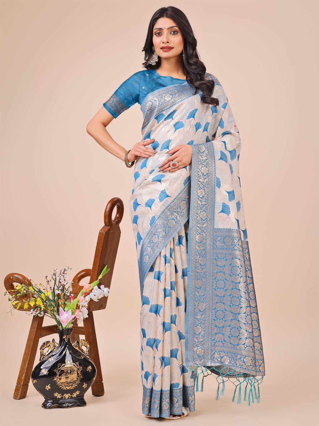 Aanika Women Sky Blue Linen Cotton Saree With UnStiched Blouse - Distacart