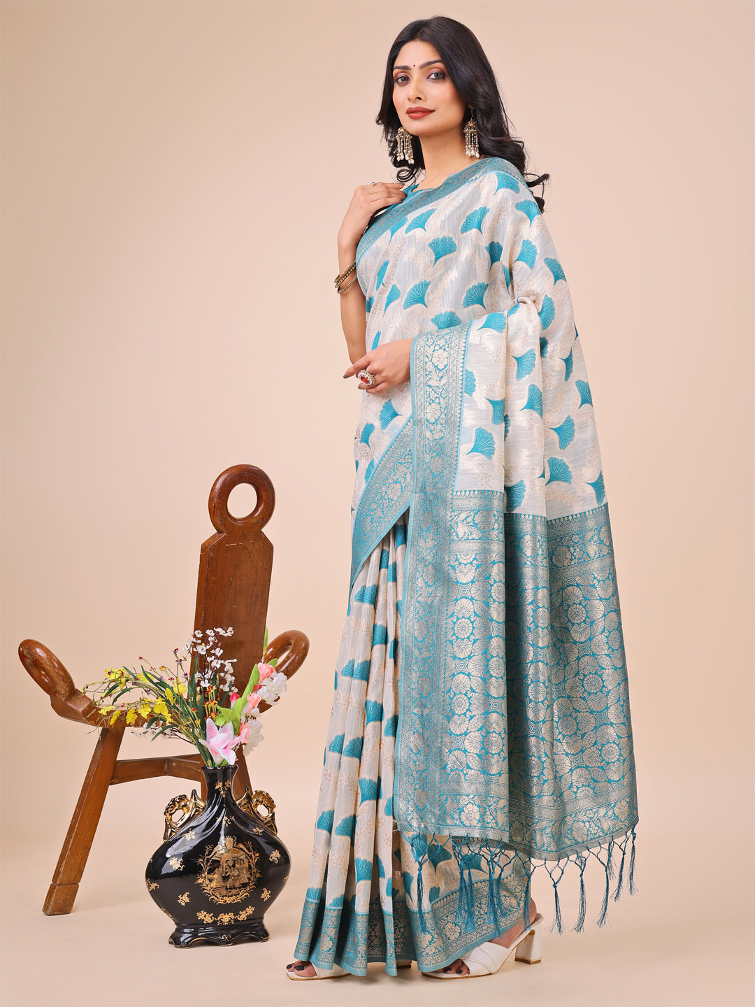 Aanika Women Teal Linen Cotton Saree With UnStiched Blouse - Distacart