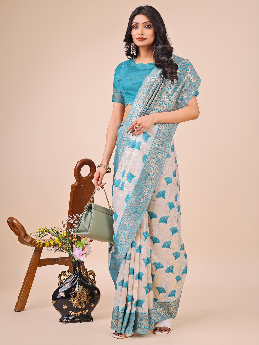 Aanika Women Teal Linen Cotton Saree With UnStiched Blouse - Distacart