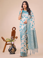 Thumbnail for Aanika Women Teal Linen Cotton Saree With UnStiched Blouse - Distacart