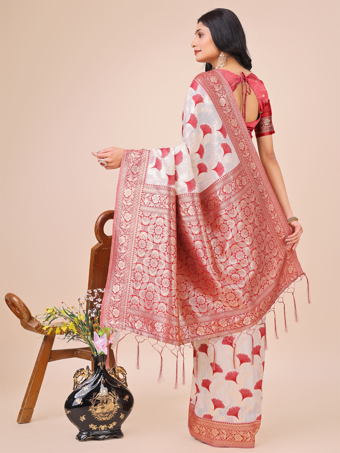 Aanika Women Maroon Linen Cotton Saree With UnStiched Blouse - Distacart
