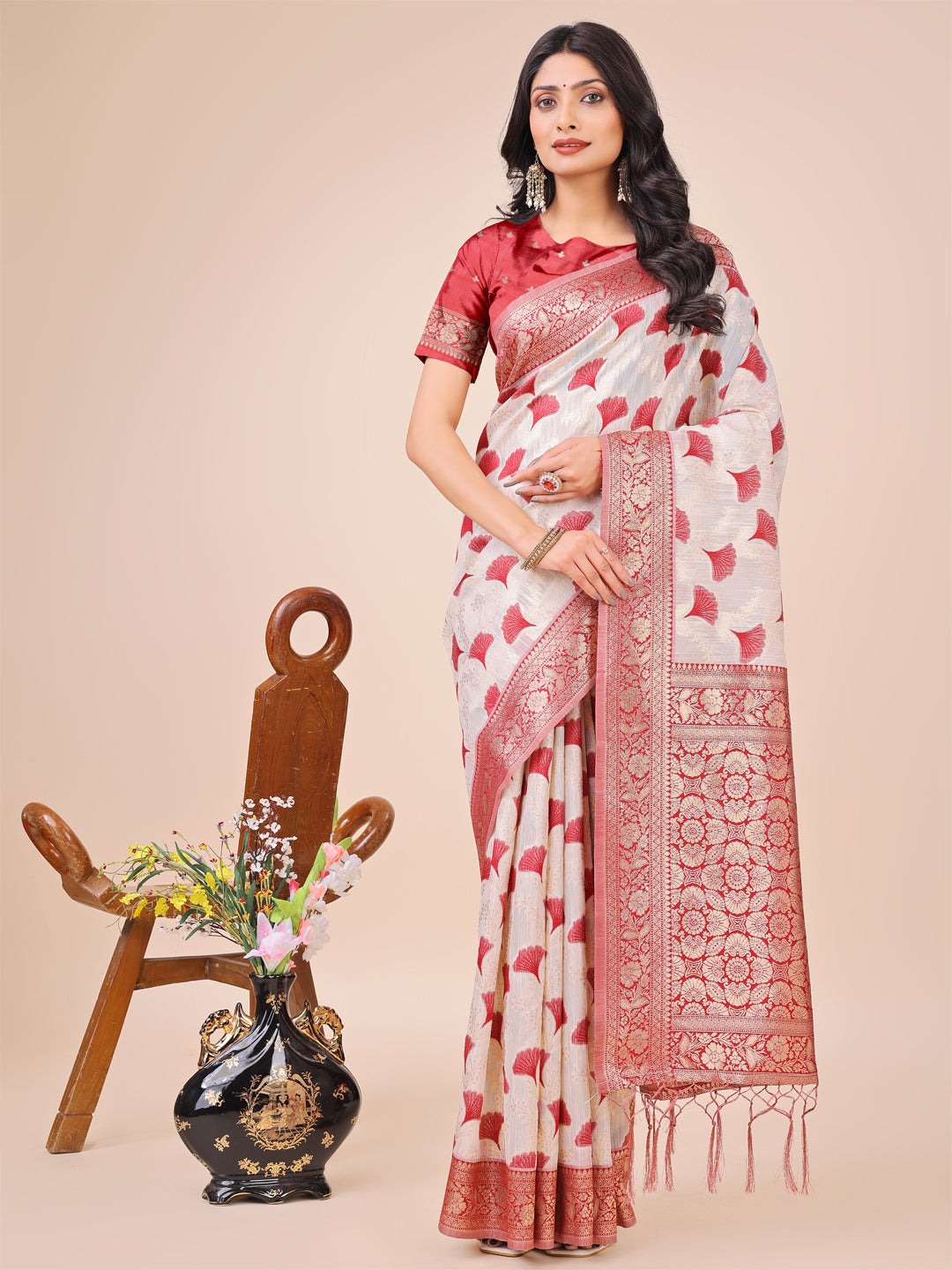 Aanika Women Maroon Linen Cotton Saree With UnStiched Blouse - Distacart